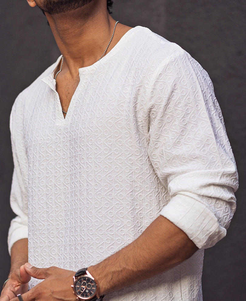 White Structured Regular Fit Full Sleeves Kurta Style Shirt