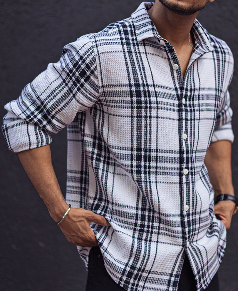 Navy Blue and White Waffle Checks Regular Full Sleeves Shirt.