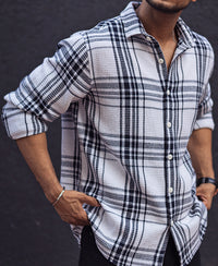 Navy Blue and White Waffle Checks Regular Full Sleeves Shirt