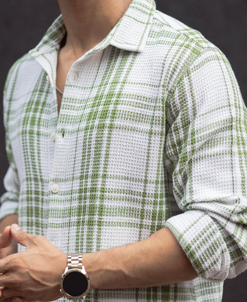 Light Green Waffle Checks Regular Fit Full Sleeves Shirt