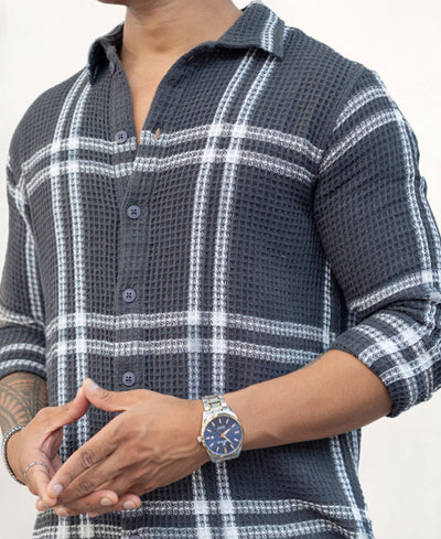Grey Waffle Checks Regular fit Full Sleeves Shirt