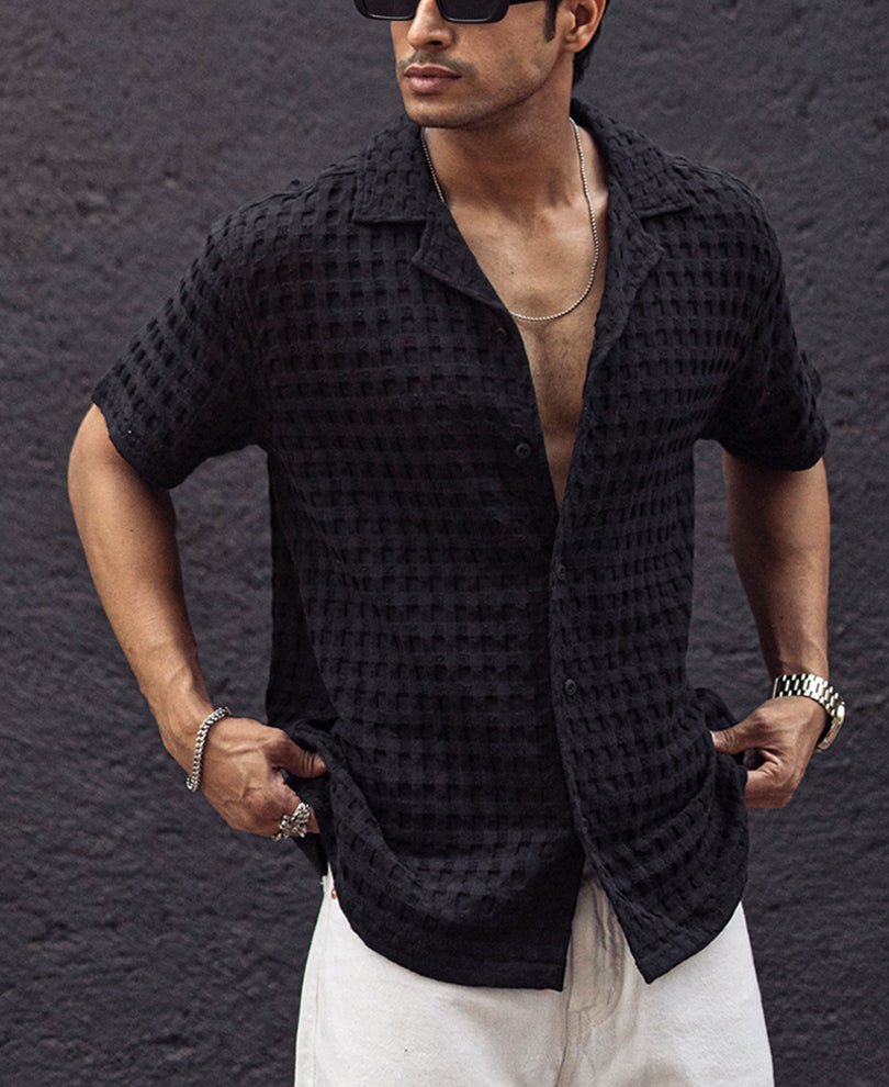 Black Waffle Oversized Half Sleeves Shirt