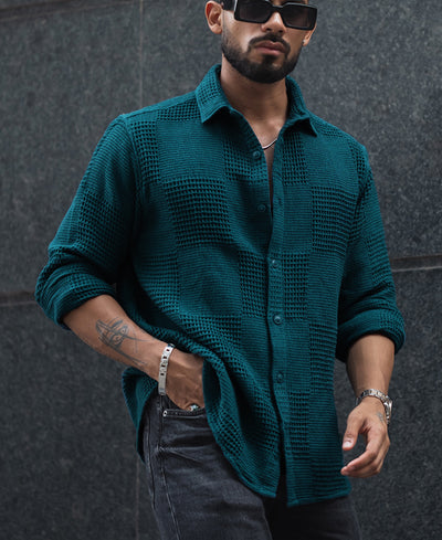 Teal Blue Waffle Structure Regular Fit Full Sleeves Shirt
