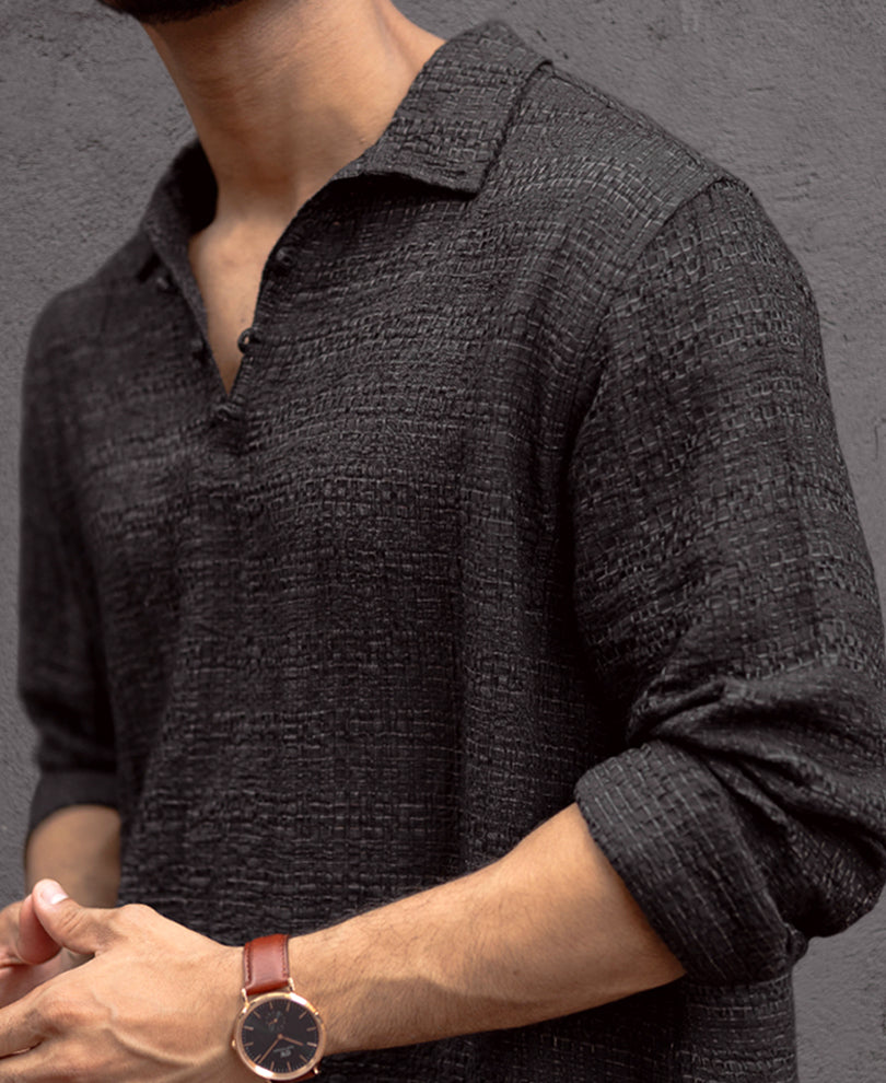 Black Kurta Style Regular Fit Full Sleeves Shirt