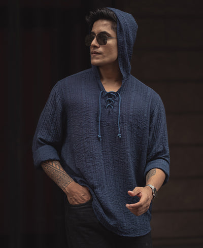 Navy Blue Plain Structured Regular Fit Full Sleeves Hooded Shirt