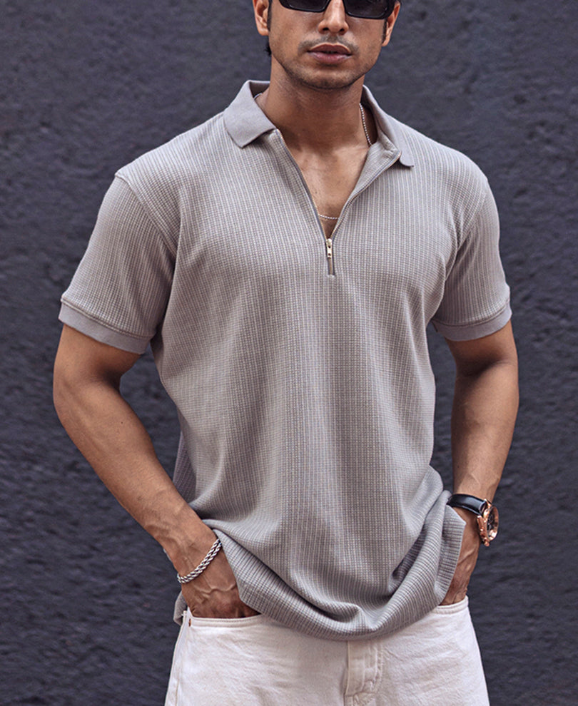 Grey Structured Regular Fit Half Sleeves Zipper T Shirt