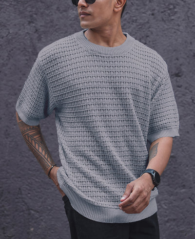 Light Grey Crochet Oversized Half Sleeves T Shirt