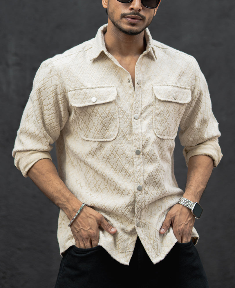 Cream Double Pockets Regular Fit Full Sleeves Shirt