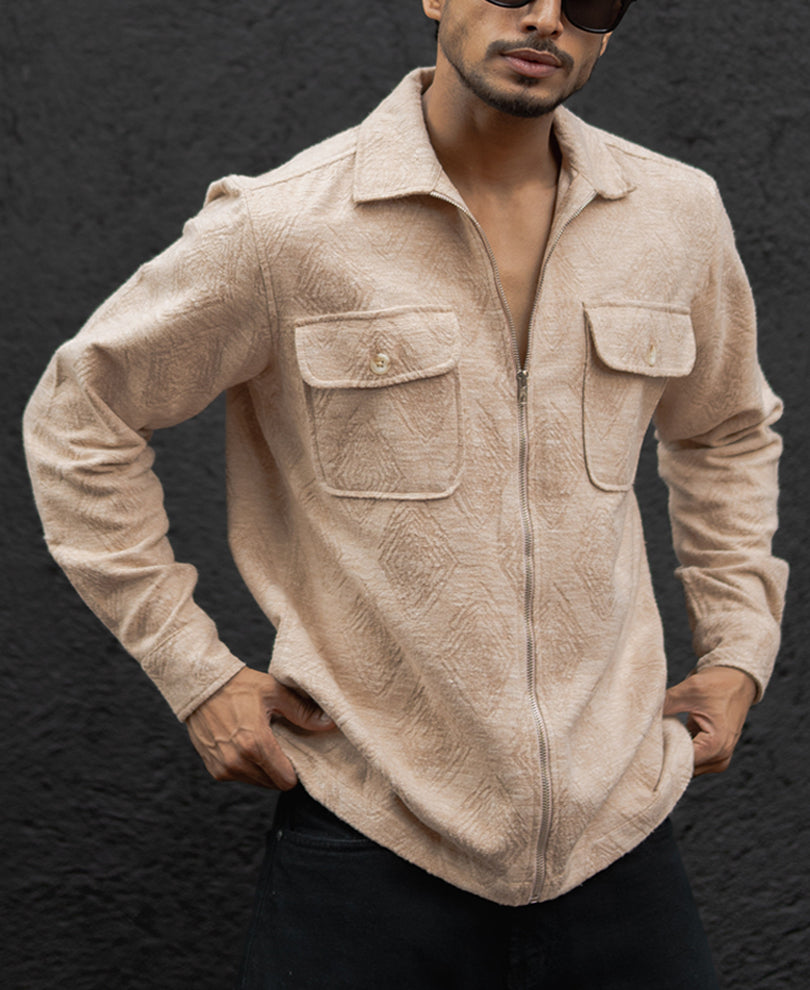 Dark Fawn Regular Fit Full Sleeves Shirt With Zip