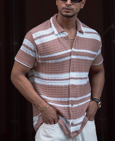 Beige And White Striped Regular Fit Half Sleeves Shirt