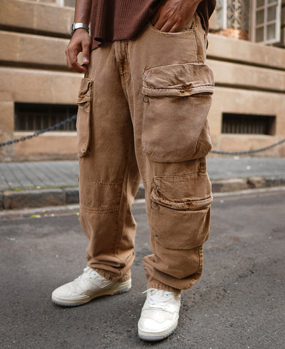 Camel Denim Cargo Baggy Fit Jeans