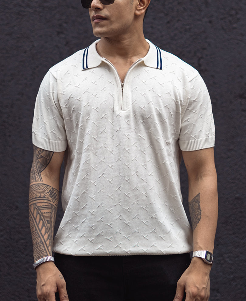 White Structured Regular Fit Half Sleeves Zipper T Shirt