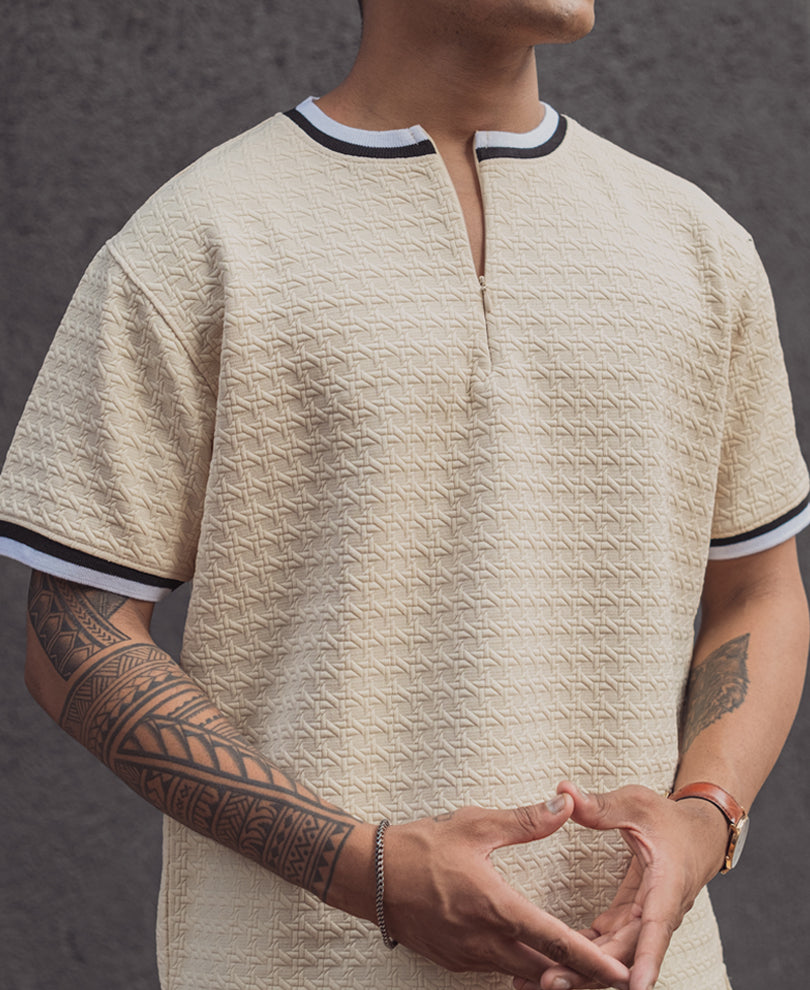 Cream Regular Fit Striped Half Sleeves T Shirt