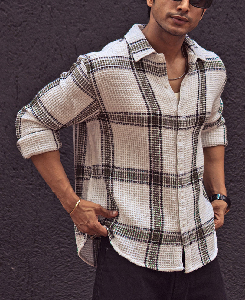 Olive and White Waffle Checks Regular Fit Full Sleeves Shirt
