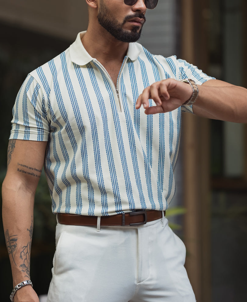 Off White Striped Regular Fit Half Sleeve T-Shirt with Zipper