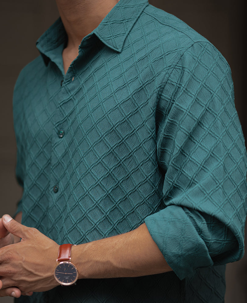 Green Plain Structured Regular Fit Full Sleeves Shirt