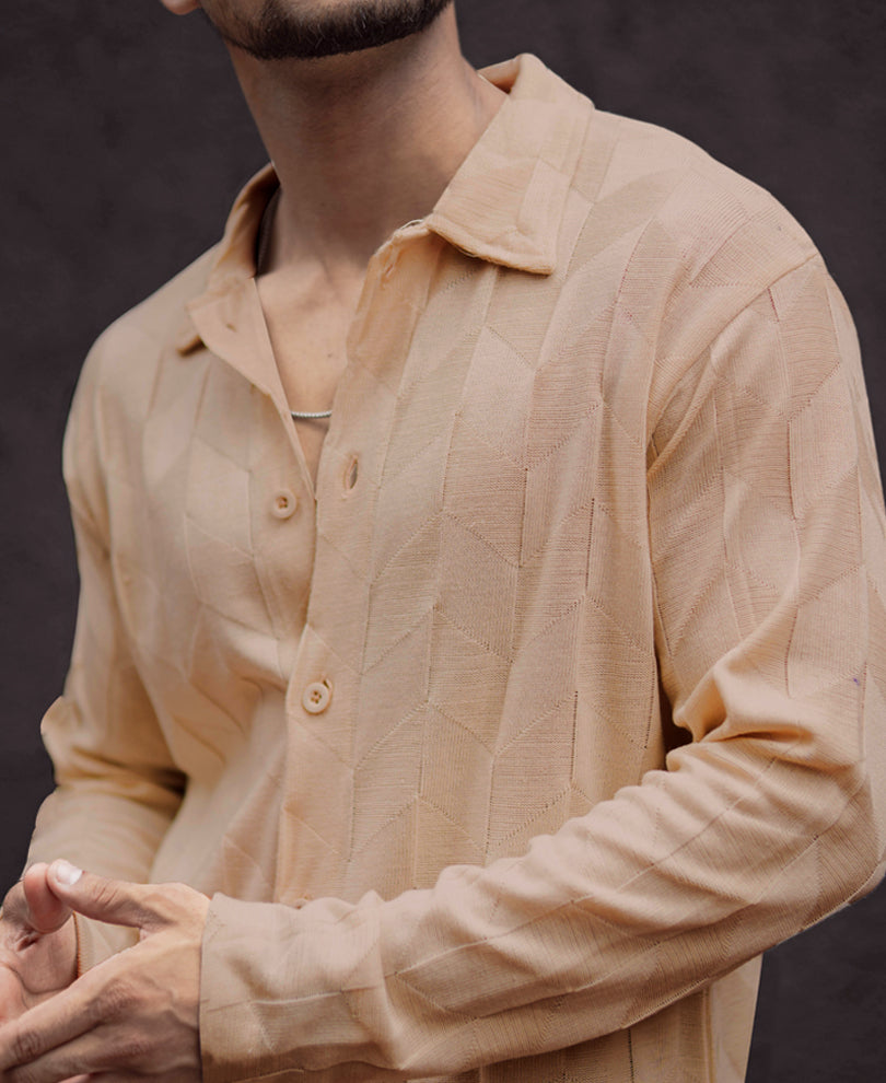 Beige Structured Regular Fit Full Sleeves Shirt
