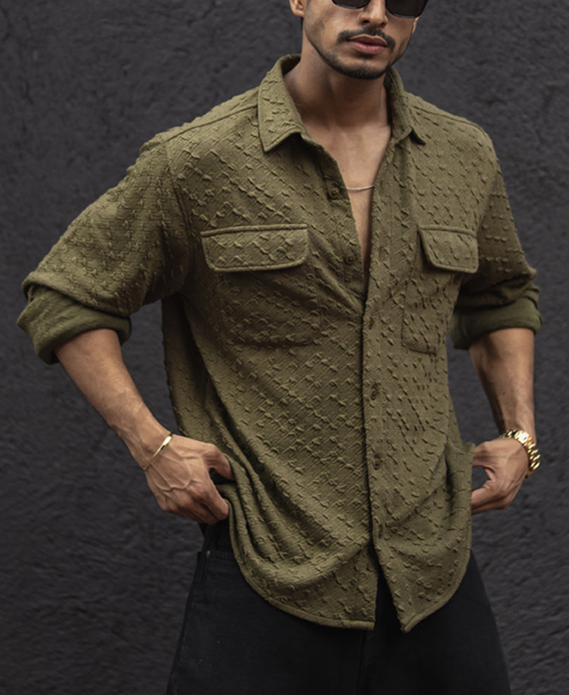 Olive Green Structured Regular Fit Full Sleeves Shirt