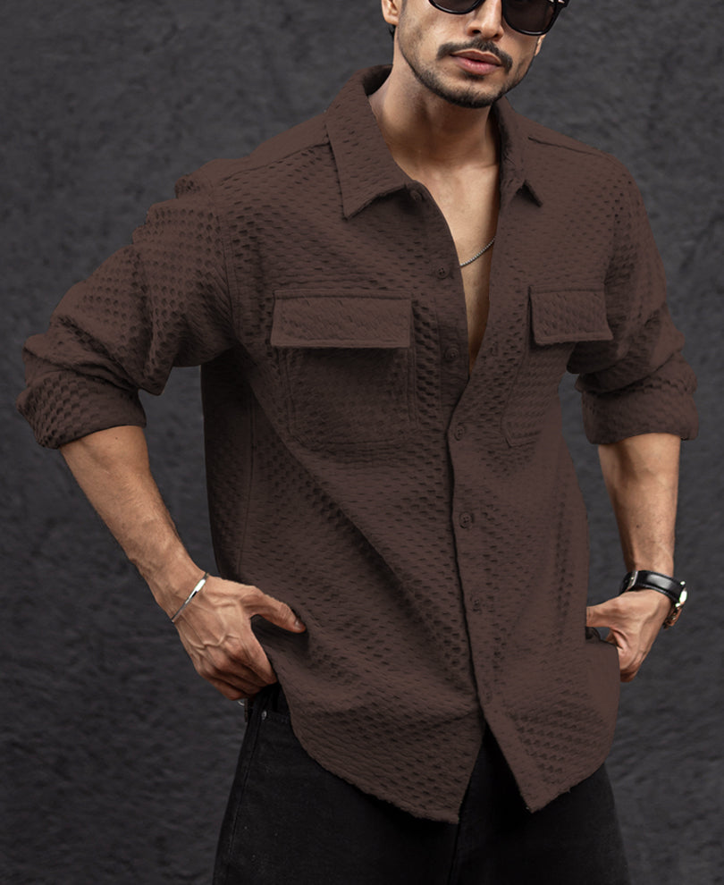 Brown Double Pocket Regular Fit Full Sleeves Shirt