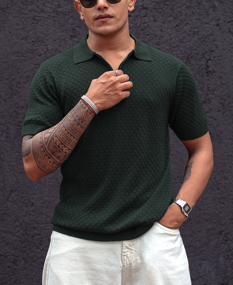 Green Knitted Regular Fit Half Sleeves Zipper T Shirt
