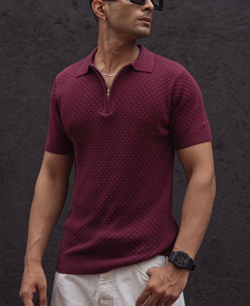 Wine Knitted Regular Fit Half Sleeves T-Shirt