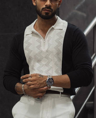White and Black Knitted Regular Fit Full Sleeves Zipper T Shirt