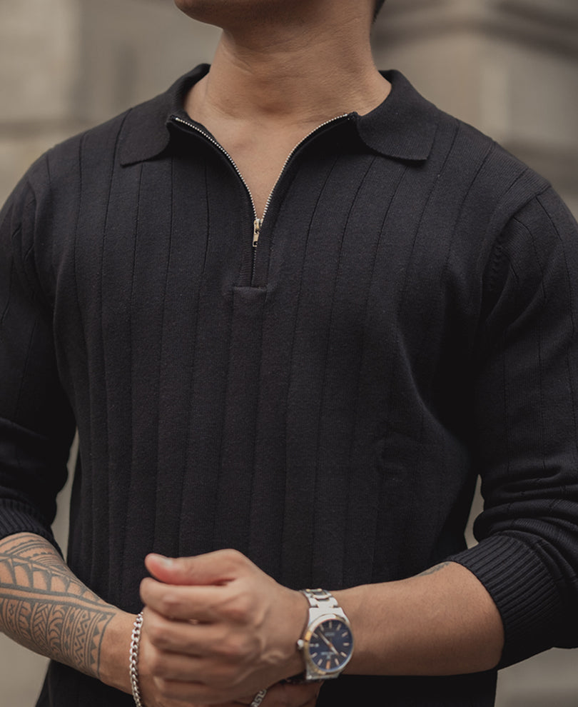 Black Knitted Regular Fit Full Sleeves T Shirt