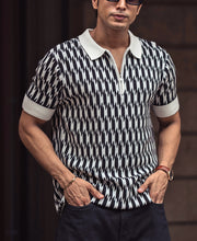 White and Black Knitted Regular Fit Half Sleeves Zipper T Shirt