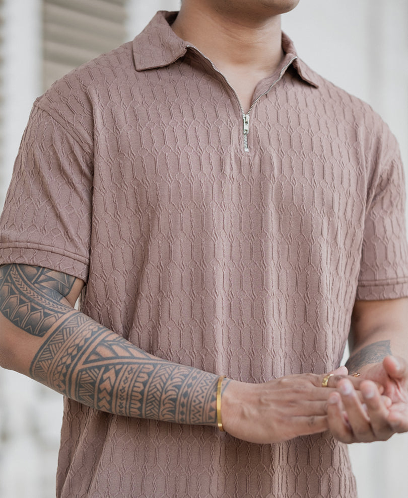 Dusty Brown Textured Polo T-Shirt