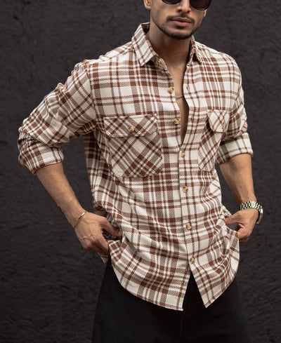 Off-White And Beige Checks Regular Fit Full Sleeves Shirt