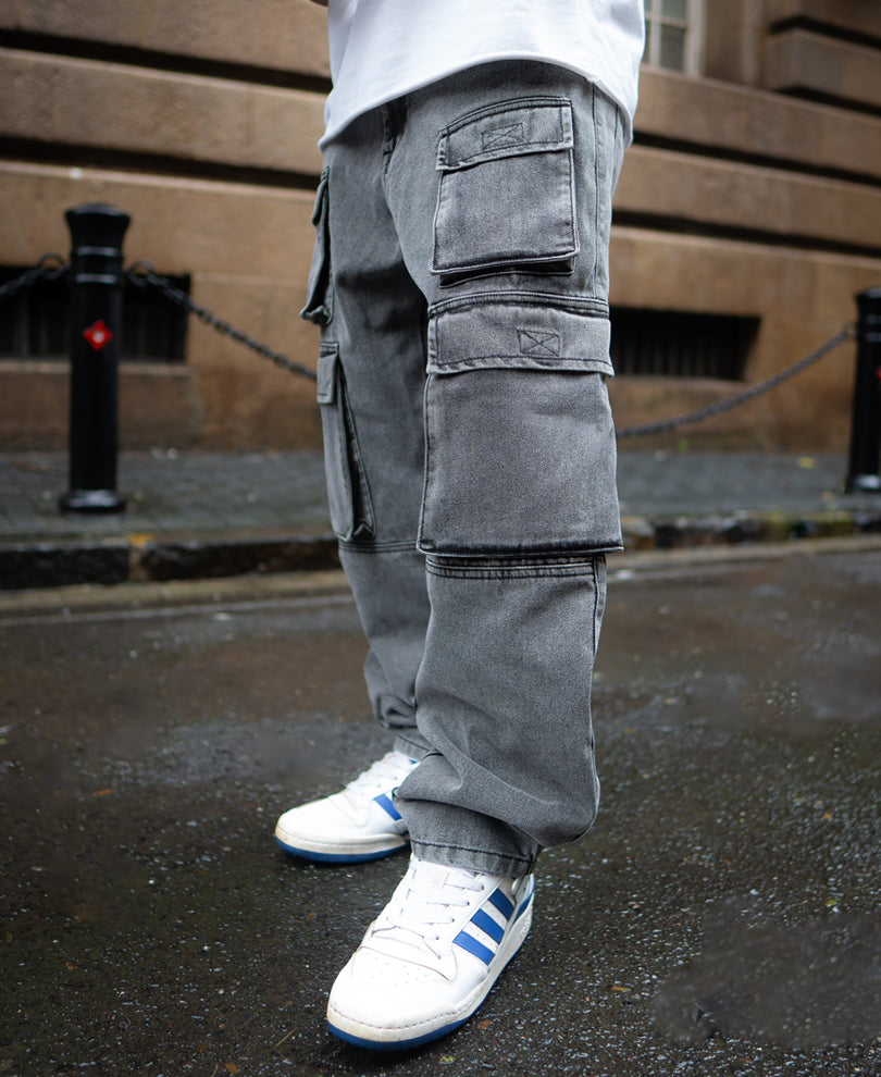 Grey Baggy Fit Denim Cargo Jeans