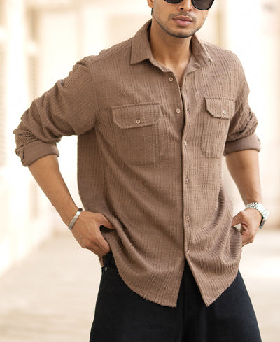 Dark Camel Textured Regular Fit Full Sleeves Shirt