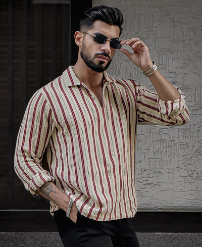Beige And Maroon Striped Regular Fit Full Sleeves Kurta Style Shirt