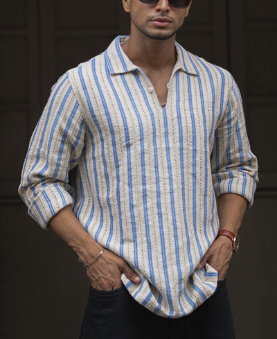 Beige And Sky Blue Striped Regular Fit Full Sleeves Kurta Style Shirt