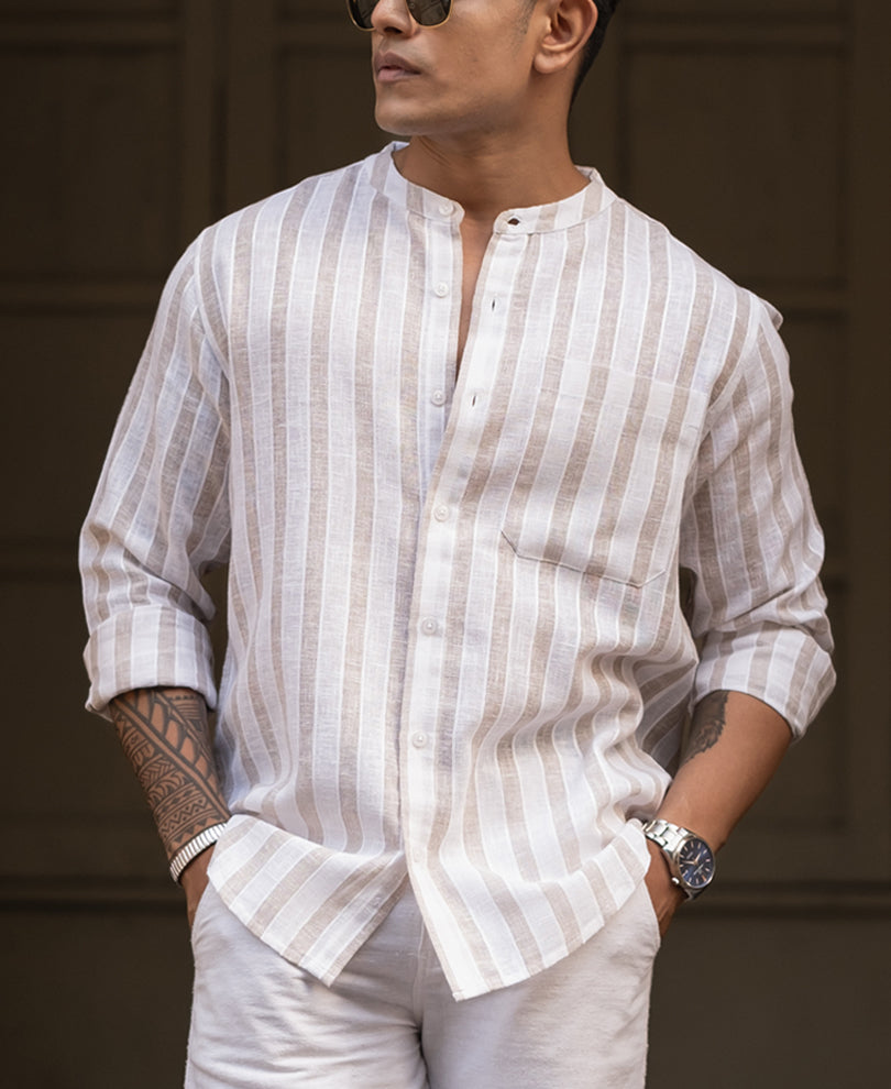 White And Beige Regular Fit Full Sleeves Shirt