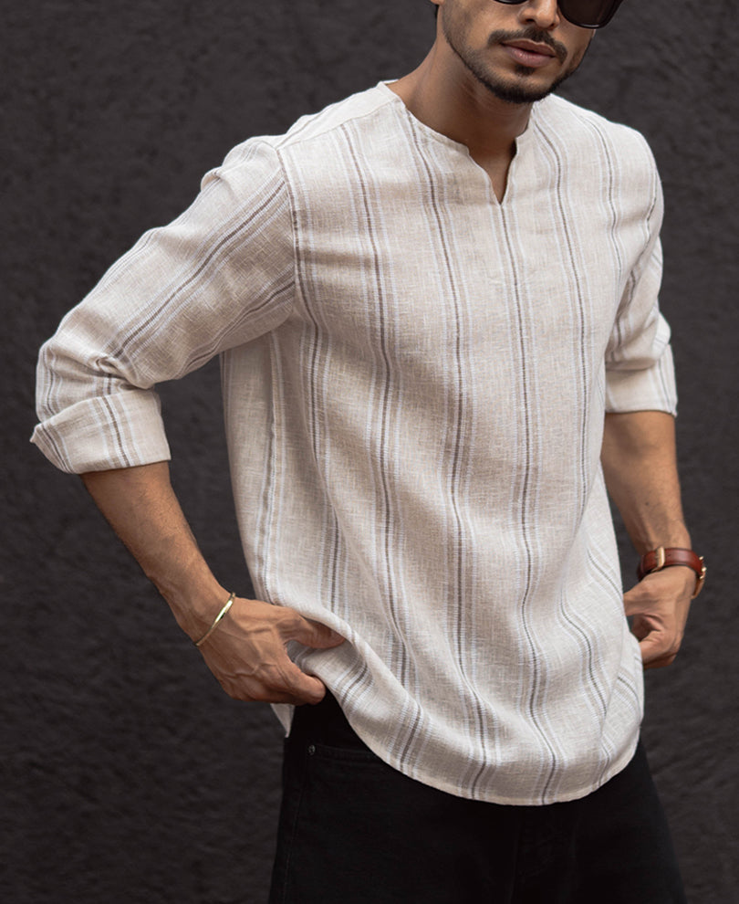 Beige Stripe Regular Fit Kurta Style Shirt