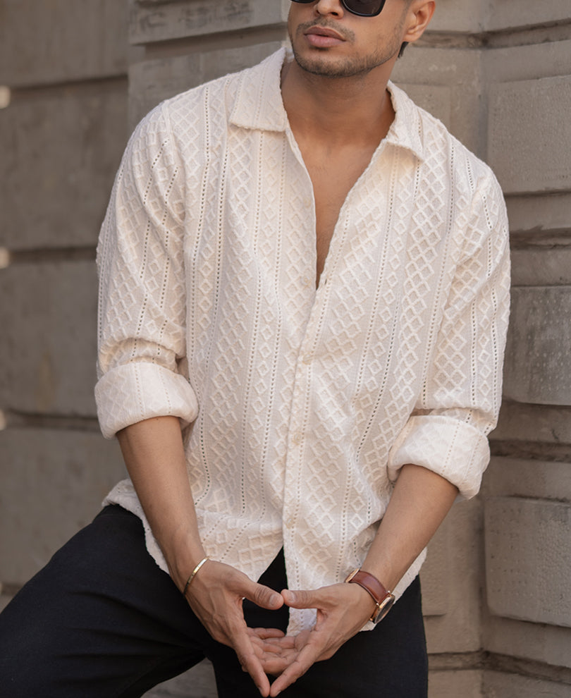 Off-White Structured Regular Fit Full Sleeves Shirt