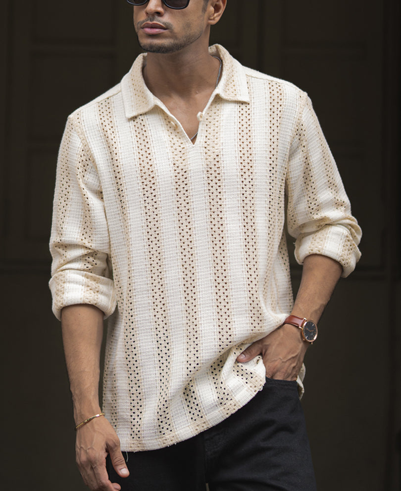 Beige & White Crochet Striped Regular Fit Full Sleeve Shirt