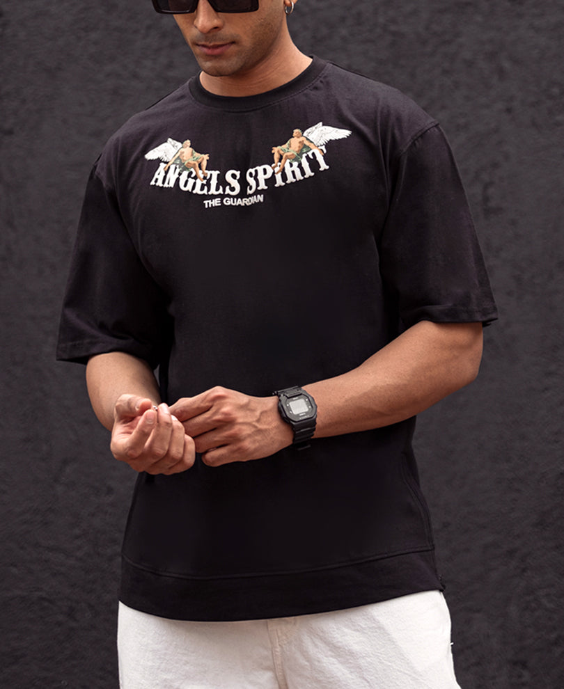 Black Printed Oversized Half Sleeves T Shirt with Side Zippers