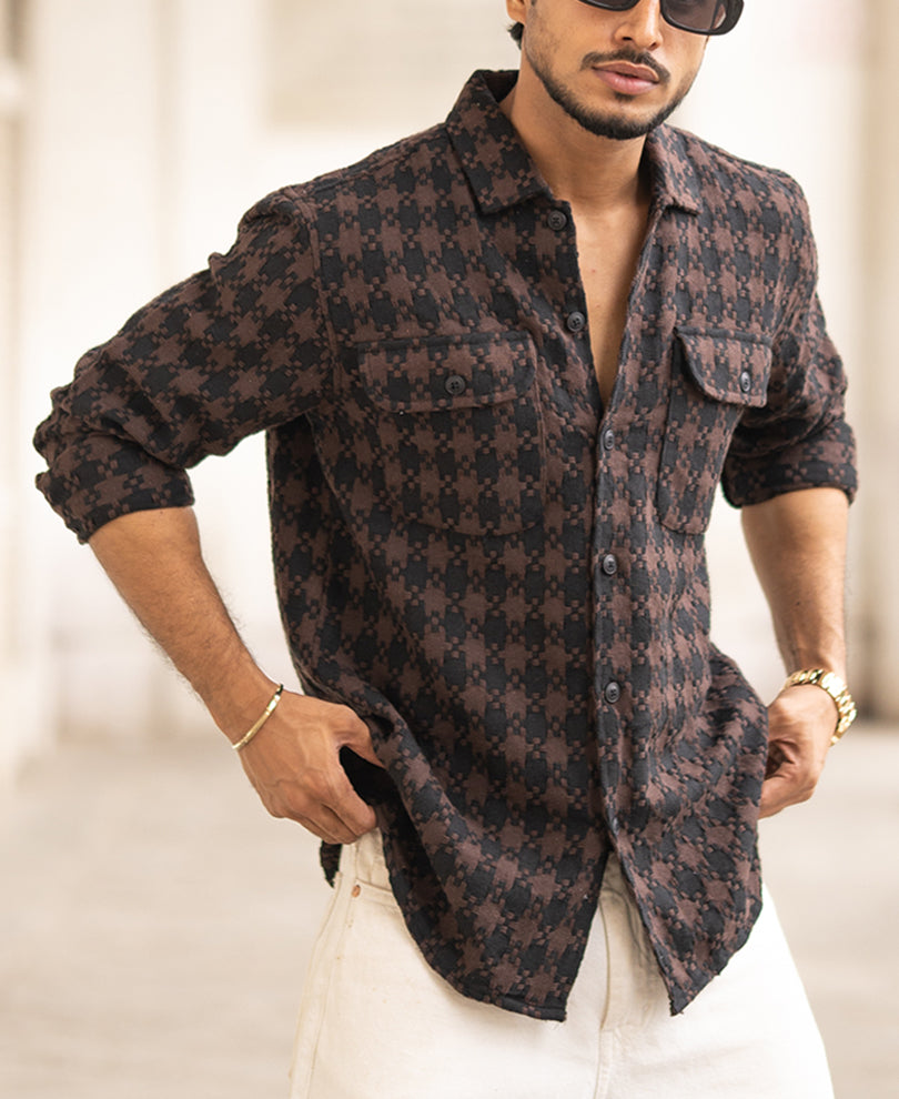 Brown And Black Structured Regular Fit Full Sleeves Shirt