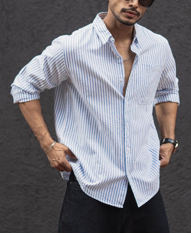 White and Blue Stripes Regular Fit Full Sleeves Shirt