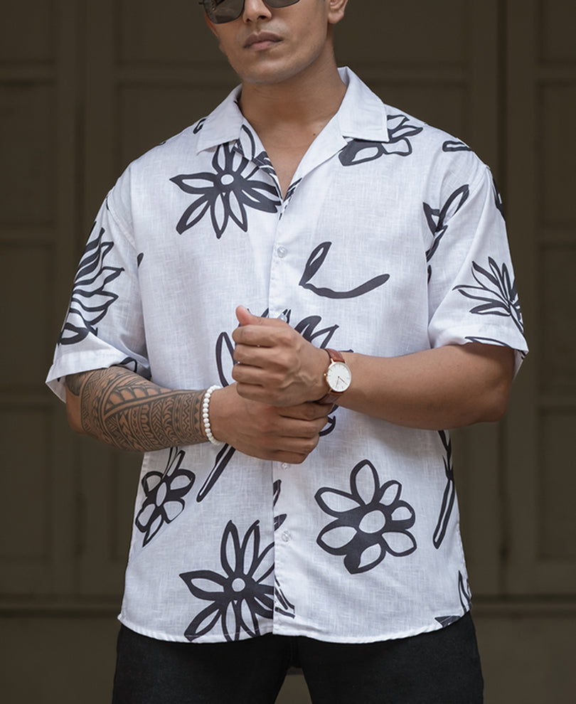 White And Black Floral Printed Oversized Half Sleeves Shirt