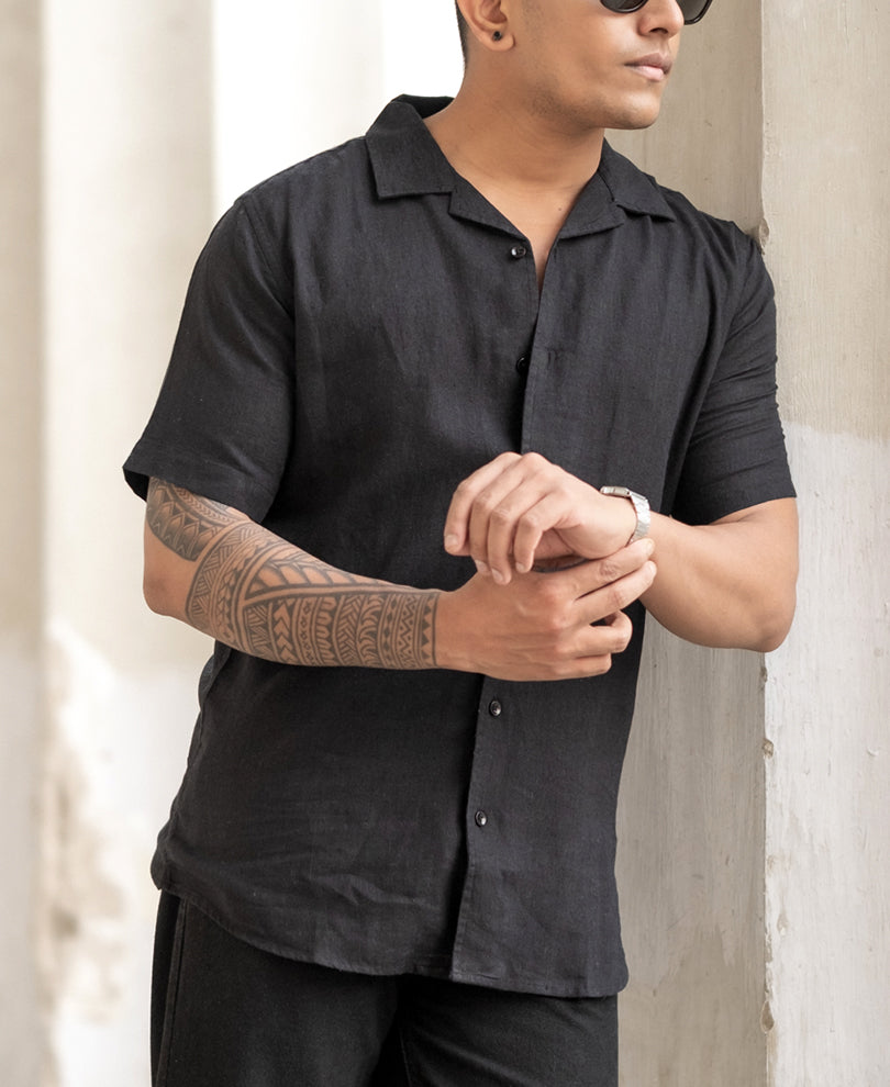 Black Linen Regular Fit Half Sleeves Shirt