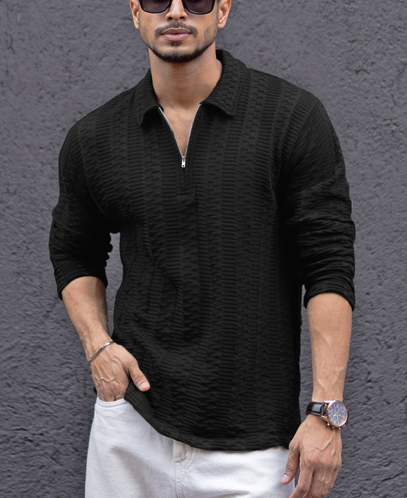 Black Collar Neck Regular Fit Full Sleeves T-Shirt