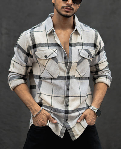 Grey And Black Checked Regular Fit Full Sleeves Shirt