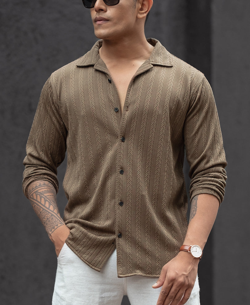 Brown Structured Regular Fit Full Sleeves Shirt