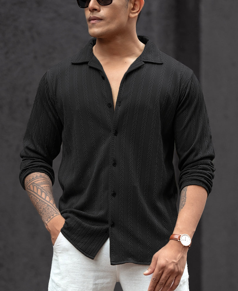 Black Structured Regular Fit Full Sleeves Shirt