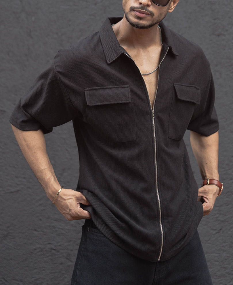 Black Oversized Half Sleeves Shirt With Zip