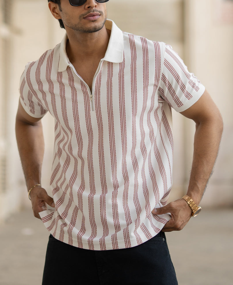 Off-White And Maroon Stripe Regular Fit Half Sleeves T-Shirt