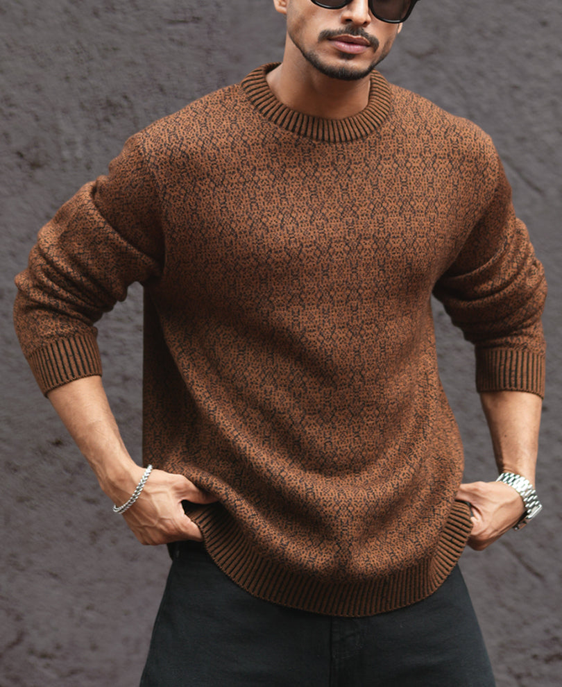Brown Regular Fit Full Sleeves Round Neck Sweater